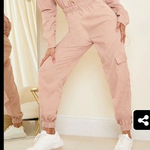 Blush Cord Ruched Sleeve Boiler Shirt Jumpsuit